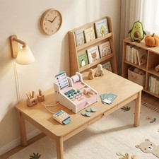 Pink Wooden Cash Register Toy Set with Scanner Play Money US