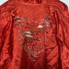 Vintage Red Embroidered Chinese Kimono Robe Unisex L Artsy Art To Wear Asian