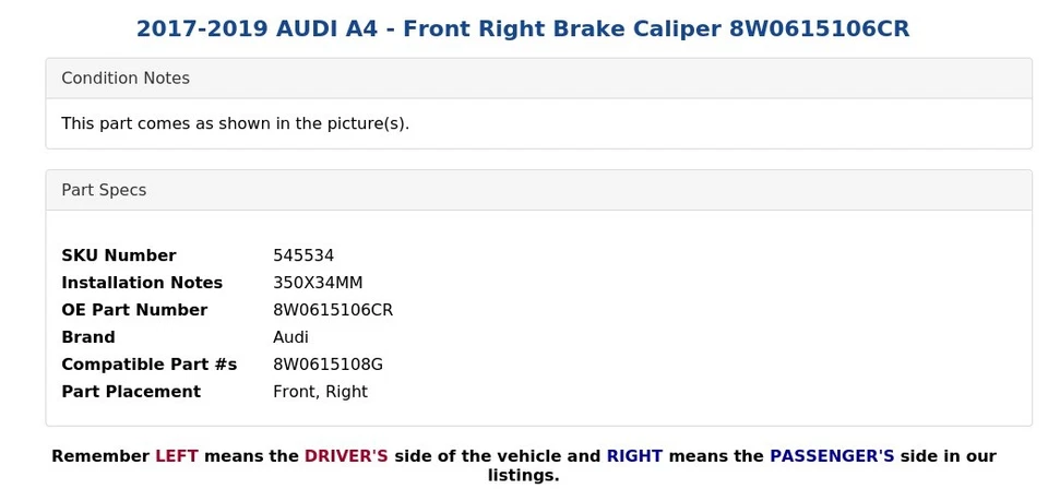 AUDI A4 2017-2019 - Pinza de freno delantera derecha 8W0615106CR Foto 4 de 4