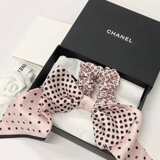 Chanel CC Logo Silk Scrunchie Ribbon Pink Black Polka Dot Hair Accessory w/ Box