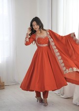 Indian Style Heavy Roman Silk Anarkali Suit With Dupatta For Wedding Wear