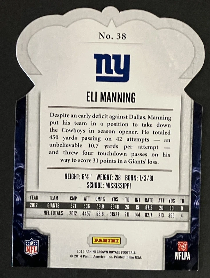 2013 Panini Crown Royale #38 Eli Manning Bronze Die-Cut Crown - Image 3 of 3