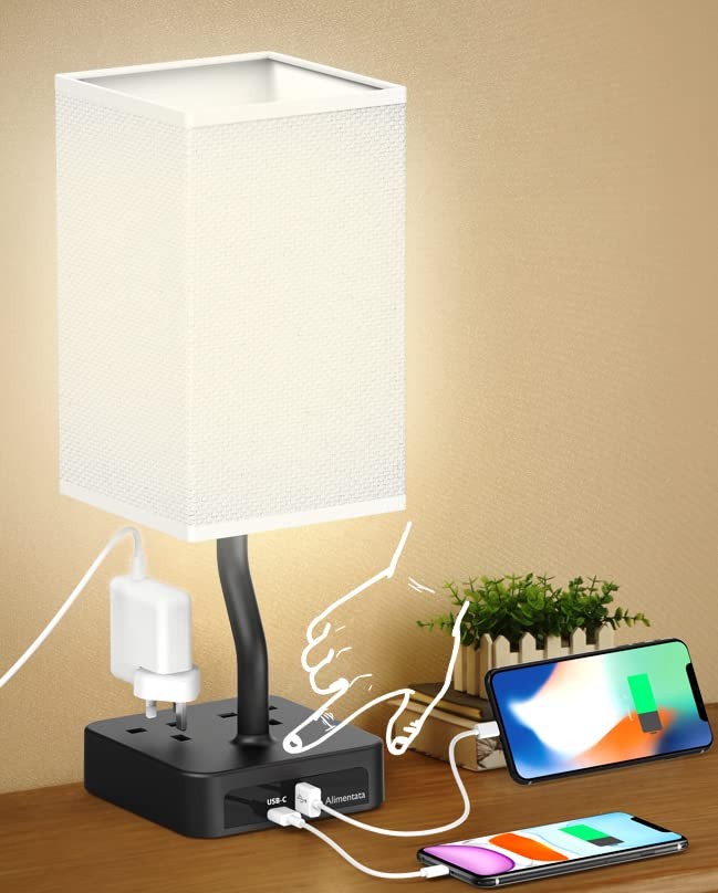 Alimentata Bedside Table Lamp, Touch Control Nightstand Bedroom Lamp White
