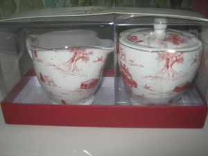 New Grace Teaware Red Village Red Toile Creamer & Sugar Bowl W/ Lid