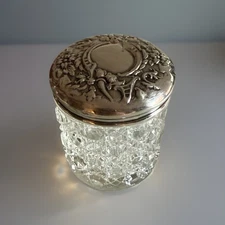 Antique English Art Nouveau Sterling & Glass Vanity Jar w/ Repoussé Lid, 1904