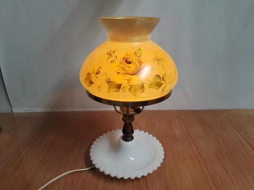 Vintage Milk Glass Table Boudoir Lamp Floral Shade