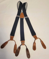 Men's Cowhide Leather Braces 6 Buttons Adult Carrier Suspenders Navy w/white dot