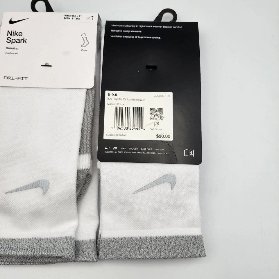 2 Pair Nike Spark Running Cushioned Crew Socks White M 8-9.5 W 9.5-11 CU7200-100 - Image 2 of 2