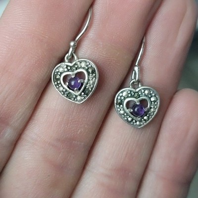 Vintage Sterling Silber Markasit und Amethyst Herz Ohrhänger 925