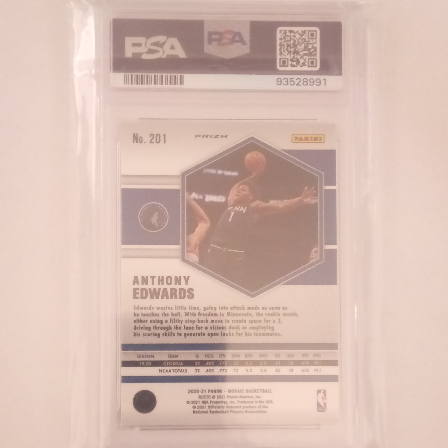 Panini 2020-21 Mosaic Anthony Edwards RC Reactive Blue Prizm #201 PSA 9 view 3