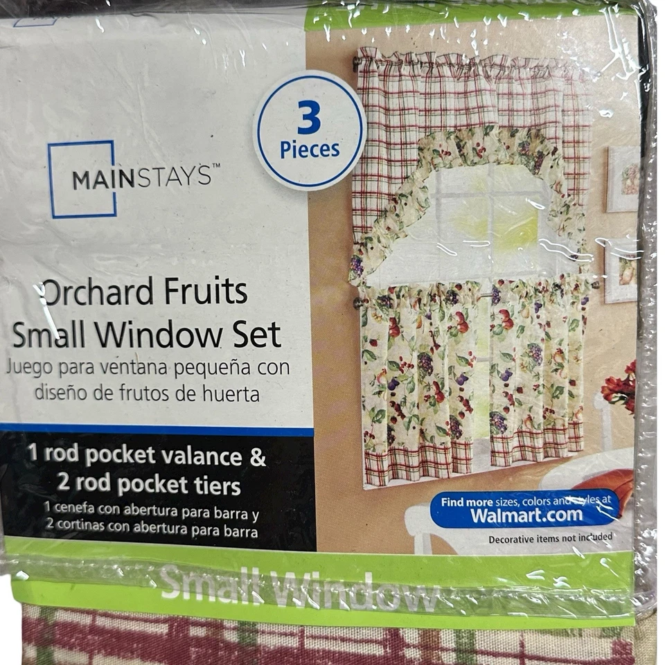 Small Window Curtain Set ORCHARD FRUITS 3 Piece Valance Tiers Mainstays Country - Image 2 of 4