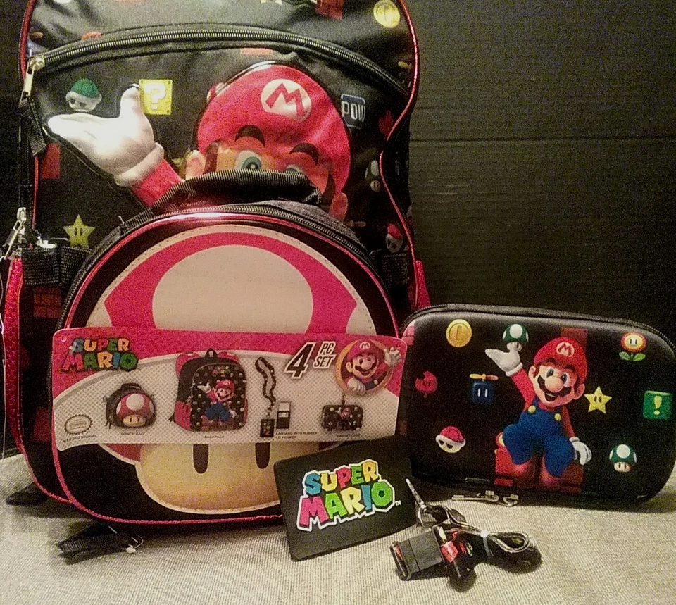 Mochila NINTENDO SUPER MARIO (Juego de 4 Piezas) TOTALMENTE NUEVA Bolsa de Almuerzo Sapo Estuche para Gadget Foto 2 de 4