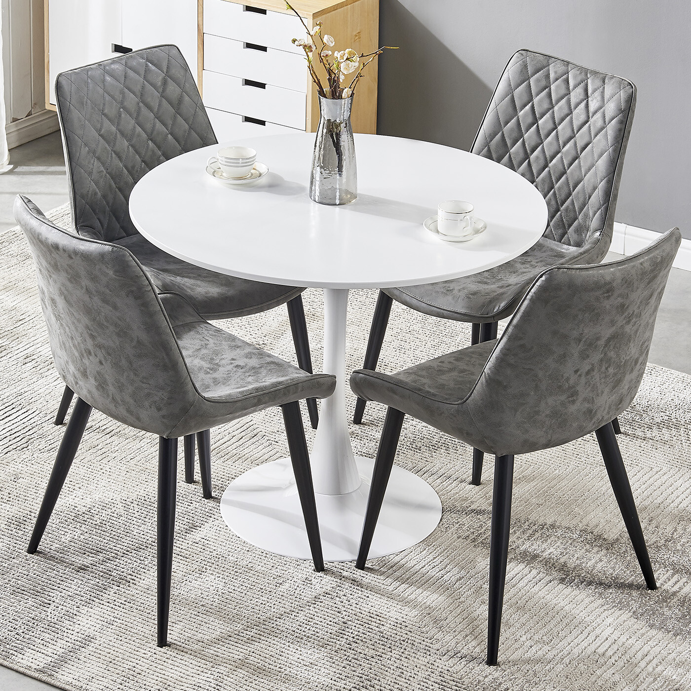 Modern Round Dining Table And 4 Faux Leather Chairs Black Legs Kitchen Room Sets Ebay