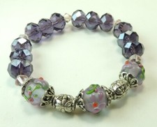 Handcrafted Purple Crystal Stretch Bracelet with Floral Lampwork