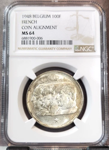 1948 BELGIUM SILVER 100 FRANCS CROWNED KINGS FRENCH NGC MS 64 BEAUTIFUL BU