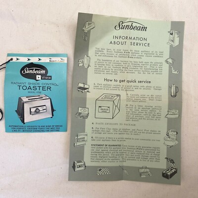 1969 Sunbeam Vista VT60 radiant shade control toaster instructions paperwork 