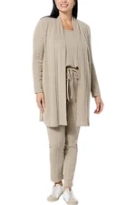 Nina Leonard Women's 3-pc Ribbed Knit Cardigan Tank&Pant Set Beige