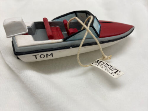 "Ornamento barca a motore vintage ""Tom"" 1992 Midwest Importers ottime condizioni 4""" - Foto 1 di 12