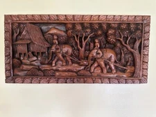 Vintage Thailand Elephants Dragging Logs Hand Carved Teak Wood Wall Hanging Art
