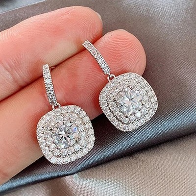 2Ct Round Cut Simulated Diamond Halo Lovely Drop Earrings 14k White Gold Plated