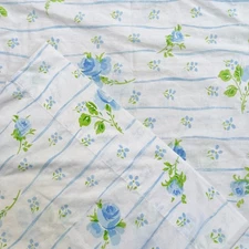Vintage Lady Pepperell Pillowcase Blue Roses Floral Stripe 70s Boho Cottagecore