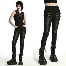 PUNK RAVE Gothic Leggings Pleated Punk Pants Schwarz Nieten Riemen NEO GOTH