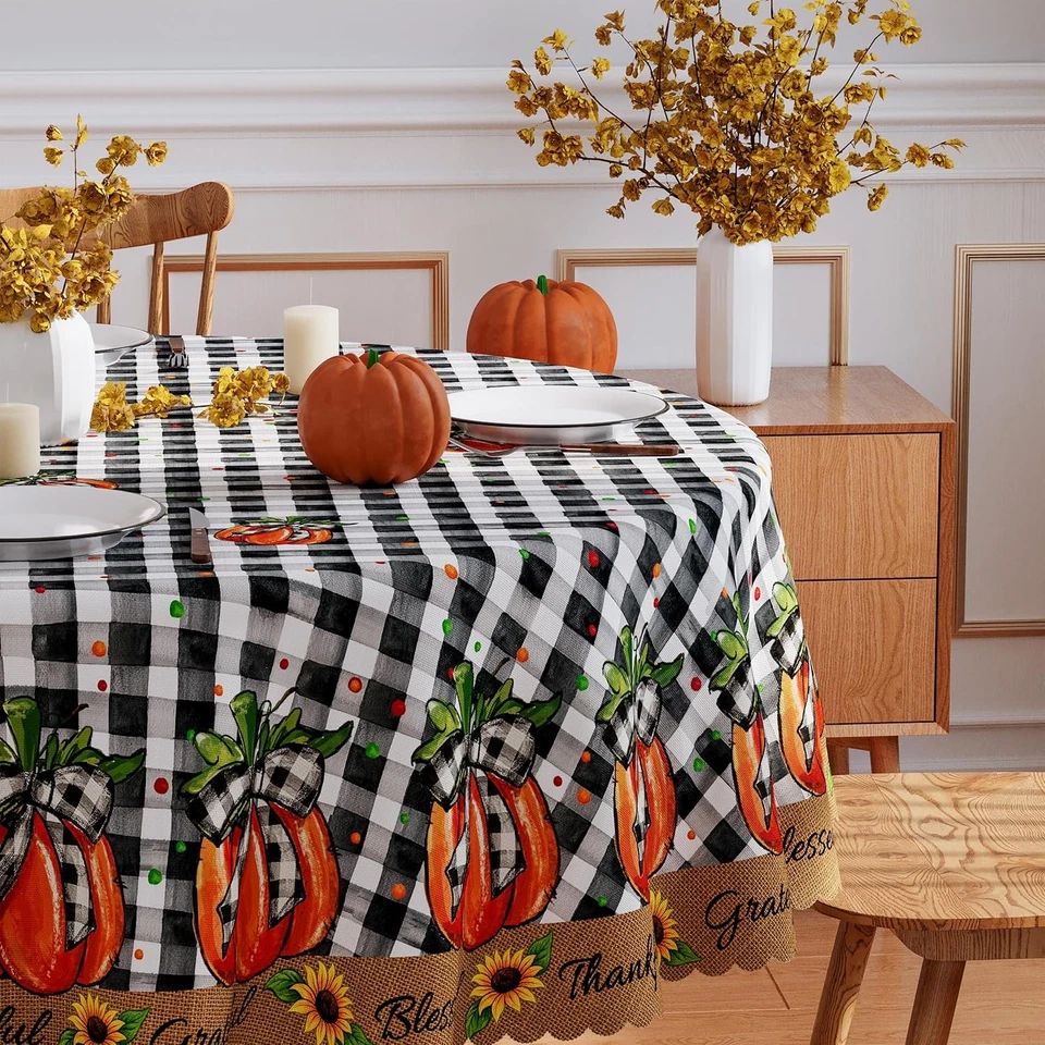 Mantel Otoño 70x70 Pulgadas Redondo, Buffalo Cuadros Calabaza Mantel Festoneado Ed Foto 2 de 4