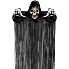 3 Pcs Halloween Grim Reaper Door Curtain, Black Foil Fringe Spooky Hanging Doorw