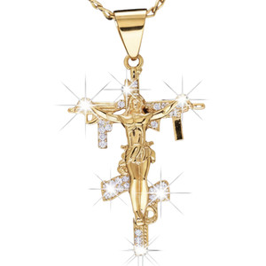 Authentic 14k Gold Plated Iced Cz Crucifix Pendant 20" Figaro Chain Men Women Necklace