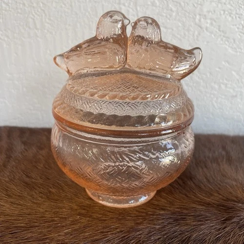 Vintage Pink Depression Style Glass Kissing Love Birds on Nest Covered Dish