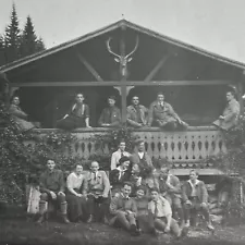 Antique RPPC Real Postcard Group Photograph Men Women Lodge Deer Head Great
