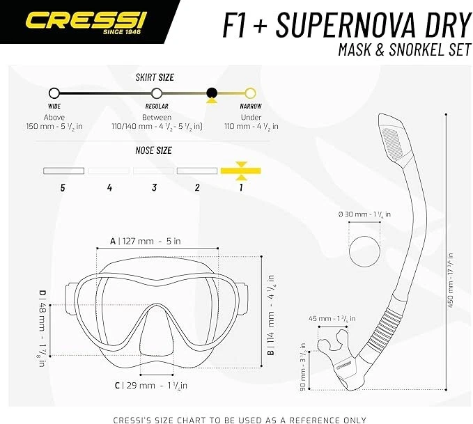 Conjunto combo de máscara de snorkel Cressi F1 supernova lente transparente sem moldura seca silicone - Imagem 3 de 4