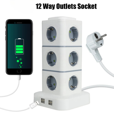 12 Way Outlets Socket Multi Power Strip Vertical 2.8m Extension Cord EU Plug 10A