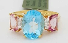 GENUINE 2.72 Cts AQUAMARINE, PINK SAPPHIRE & DIAMOND RING 10K GOLD - NWT