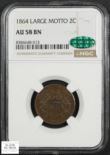 1864 Large Motto Copper Two Cent Piece 2C NGC AU 58 BN CAC
