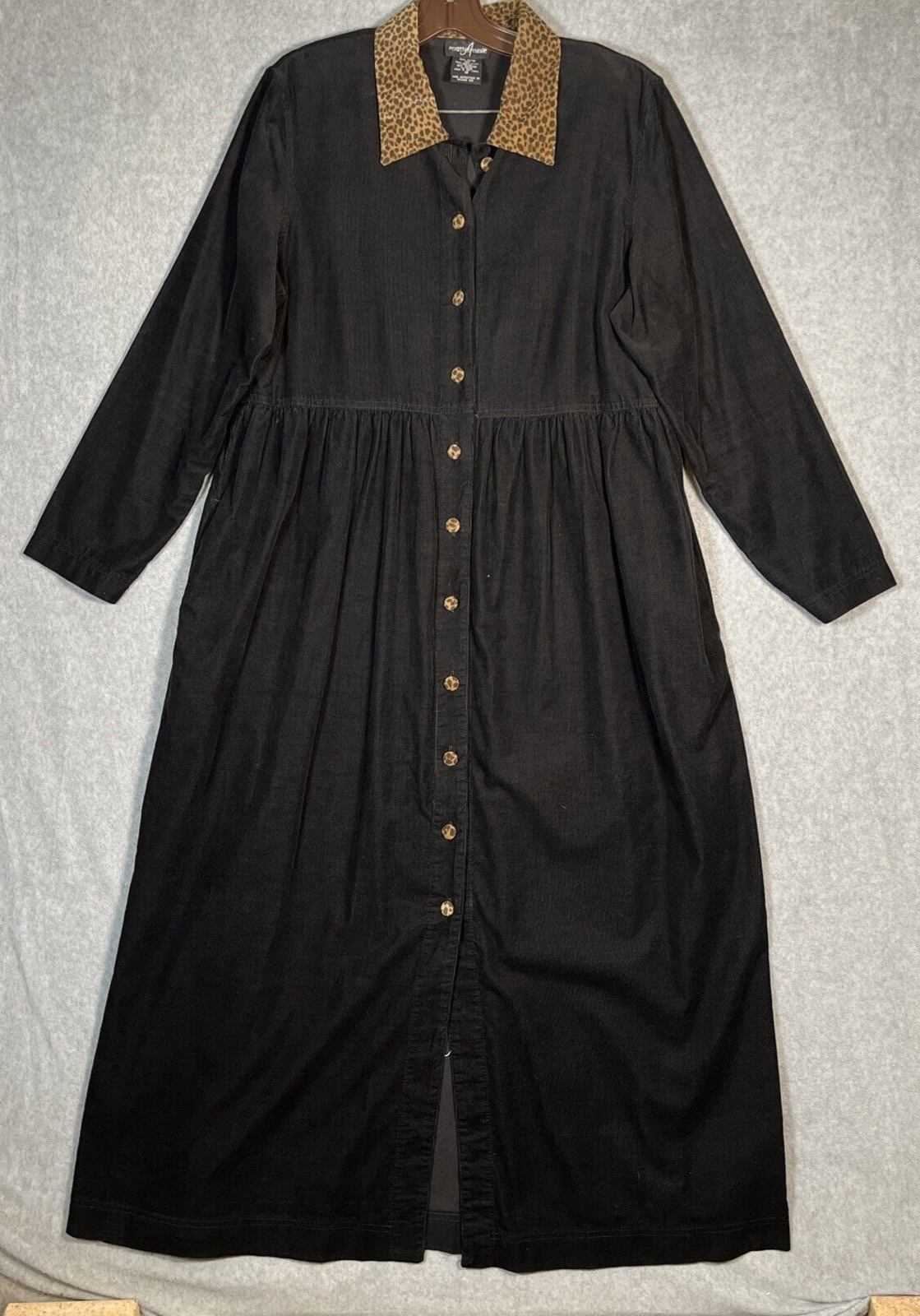 Vintage Maxi Dress 16 Black Corduroy Full Button Front Long Leopard Animal Print-image