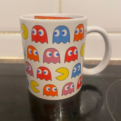 Vintage weiß Pac-Man & Ghost Arcade Kaffeebecher Tasse Bandai Namco rot blau Geister
