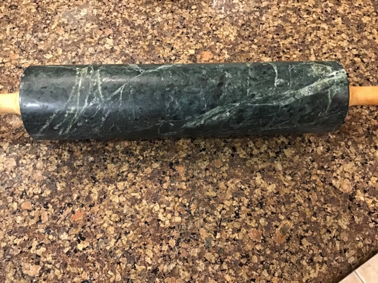 Vintage Green Marble Rolling Pin Light Wooden Handles EUC