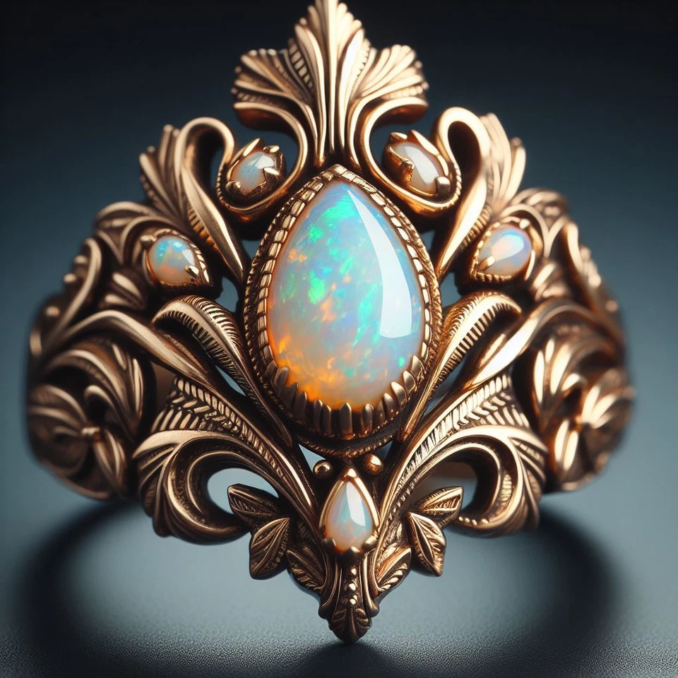 Vintage Natural Fire Opal Pear 8x12 mm Ring ,925 Silver ring 14k gold plated - Image 3 of 4