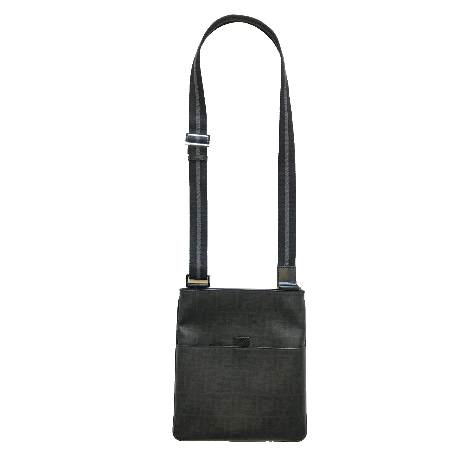 Borsa a tracolla Fendi Zucca Spalmati Messenger borsa nera grigia rivestita tela FF