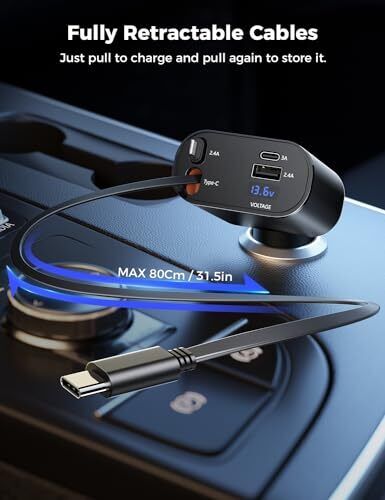Retractable Car Charger for iPhone with Dual Dual Type C Retractable Cords - Picture 4 of 7