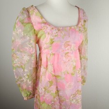 Vintage 50s 60s Long Party Dress Pink Flocked Flowers Long Sheer High Waist M
