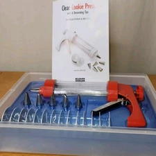 Kuhn Rikon Cookie Press Clear Barrel 14 Shape Discs 6 Decorating Tips Red2461CLB
