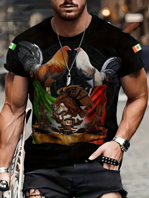 T Shirt Rooster Mexican Eagle Black Short Sleeve Men's Mexico Streetwear Fashion