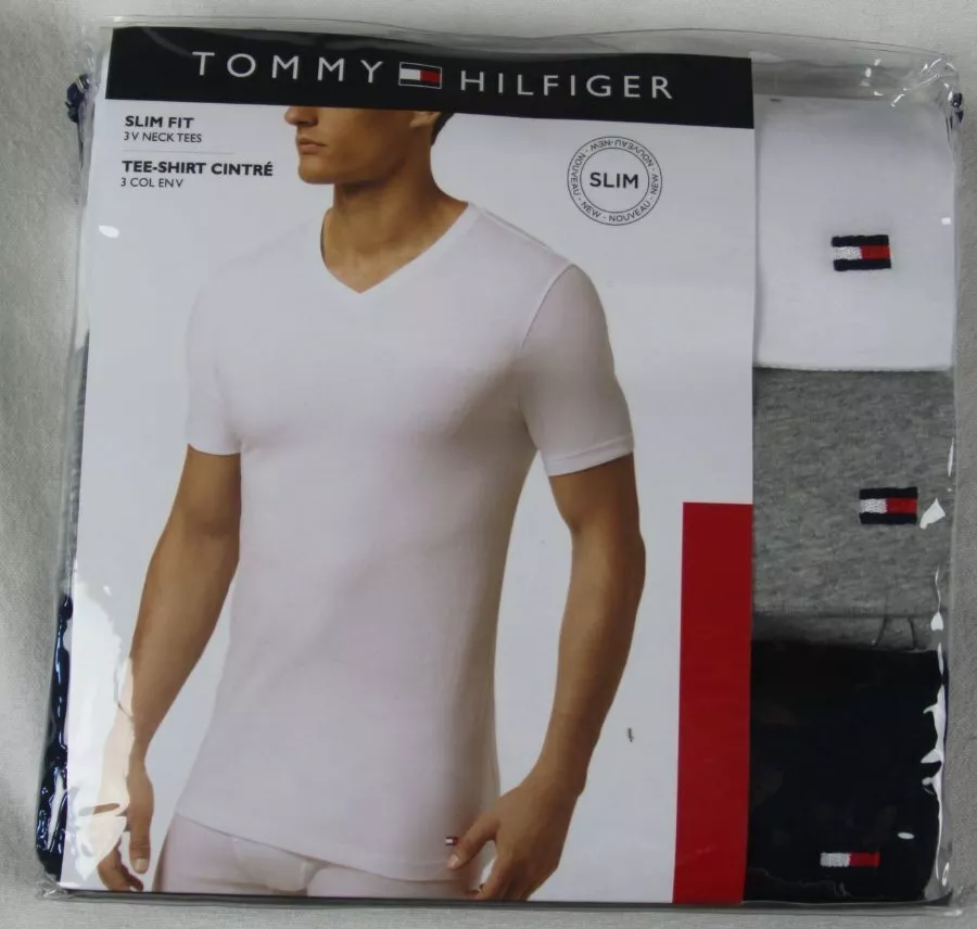 repulsion Kabelbane Måne Tommy Hilfiger 3 pack White Grey Navy Slim Fit V-Neck T-shirts Tee NWT |  eBay