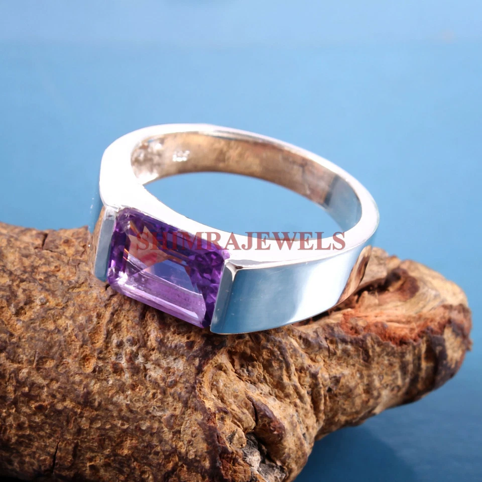 Anello In Argento Sterling 925 Con Gemma Naturale Di Ametista Per Uomo #149 - Immagine 3 di 3
