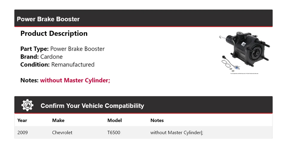 Chevrolet T6500 2009 potencia freno Booster Cardone Foto 2 de 3