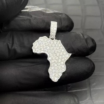 2Ct Round Cut Real Moissanite Africa Map Pendant 14K White Gold Plated Silver