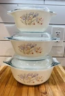 Vtg 1970s Pyrex England Blue Iris pattern 3 Casserole Dishes with 3 Glass Lids