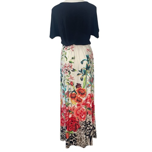 Tua Maxi Dress S Black Top Elastic Tie Waist Leopard Print Tropical Floral - Picture 3 of 8